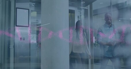 Walking two colleagues in suits through glass corridor with elevator doors, pink waveform overlay