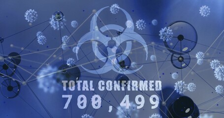 Displaying translucent biohazard symbol in network visual showing virus icons and numeric total