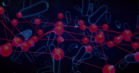 Displaying network connecting red spherical nodes with red lines on navy field, with blue cylinders