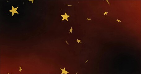 Glowing large golden star floating over dark red to black gradient, with scattered star motifs