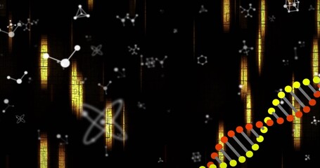 DNA helix with colored nodes crossing dark science scene, with golden pillars and icons, copy space