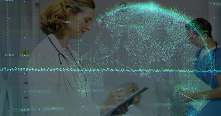 Mature doctor wearing lab coat reviewing tablet in hospital bay, with holographic globe, copy space