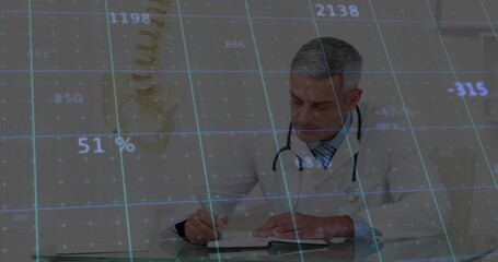 Writing male doctor noting spinal data at glass desk, with stethoscope and spinal model overlay
