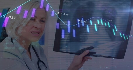 Showing doctor viewing radiograph on light panel in clinic, with digital chart overlays, copy space