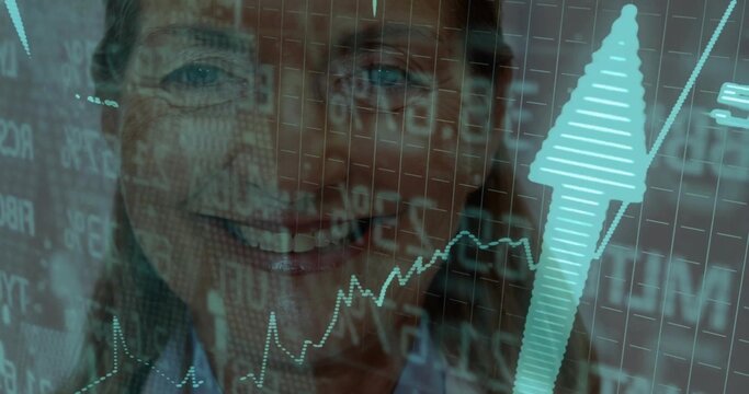 Beaming senior woman facing forward under financial overlay, with data grid, line graph and arrow - Powered by Adobe