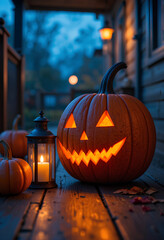 Fototapeta premium Festive Halloween Porch Decor with Glowing Warm Orange Pumpkin Jack-O'-Lantern