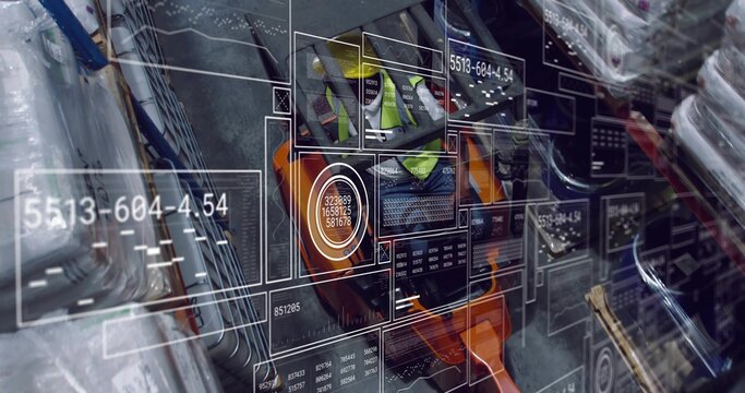 Forklift operator wearing safety gear raising pallet in warehouse aisle, with digital overlays