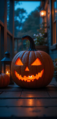 Obraz premium Halloween Night with Spooky Warm Orange Pumpkin Jack-O'-Lantern on Porch