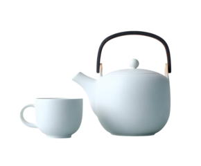 A minimalist white/light grey speckled ceramic teapot with a dark overhead handle, paired with a matching handled mug. Ideal for clean Zen or artisan coffee/tea brand mockups.
