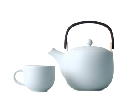 A minimalist white/light grey speckled ceramic teapot with a dark overhead handle, paired with a matching handled mug. Ideal for clean Zen or artisan coffee/tea brand mockups.