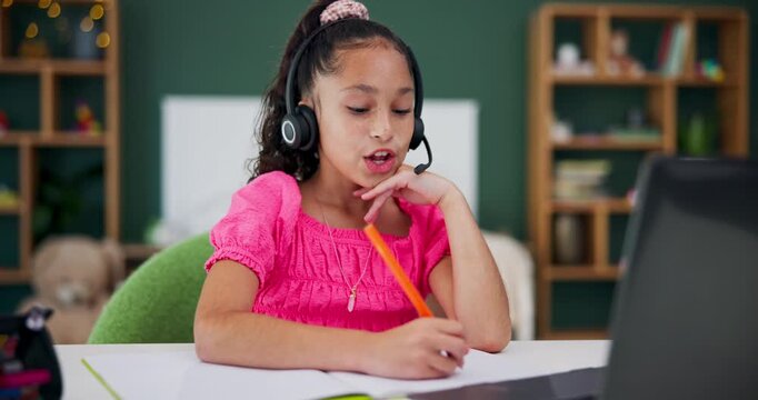 Girl, education and talking with headset for e learning on laptop for lesson, writing homework and studying for knowledge growth. Smile, student and virtual class, course and academic development
