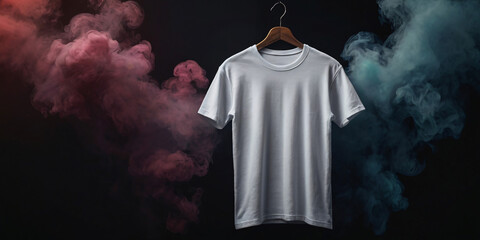 A clean white t-shirt mockup centered on a black background, dramatically accented by plumes of swirling white smoke framing the sides of the garment