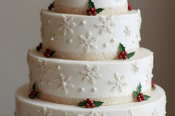 Christmas inspired white tiered wedding cake with red holly and white snowflakes and glitter trim