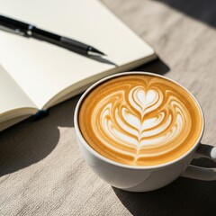 Latte Art Inspiration Coffee Notebook and Pen on a Sunny Table.