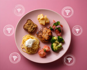 Personalized nutrition science plate with grilled chicken pasta salad broccoli toast tomato potato snack on pink background