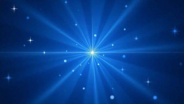 Blue Sparkling Star Burst Background with Light Rays and Orbs