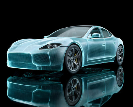 Futuristic car hologram wireframe electric concept sedan sports technology digital 3D model glossy reflection black background