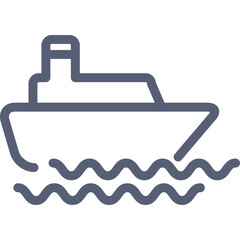 Gray Line Art Icon of a Ship Sailing on Wavy Water Transparent Background