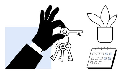 A hand holds keys beside a potted plant and a calendar, conveying responsibility, planning, leadership, and success. Ideal for management, real estate, business planning, organization investment
