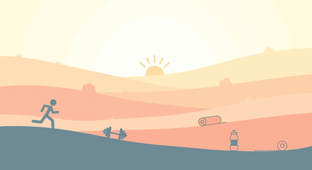 Minimalist Vector Illustration of Running Person in Sunrise Landscape with Hills and Nature Elements in Soft Pastel Colors
