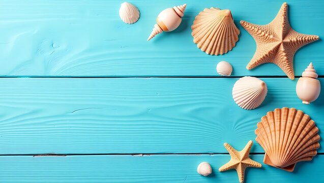 Starfish and Seashells on a Vibrant Azure Wood Background