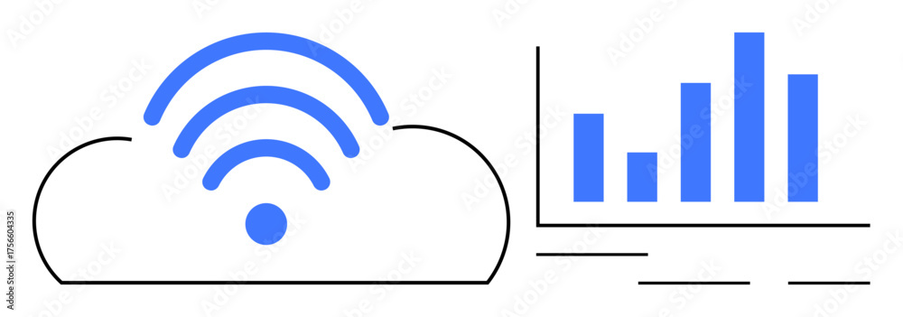 Wall mural cloud outline with wireless signal waves paired with a bar chart. ideal for cloud computing, data st