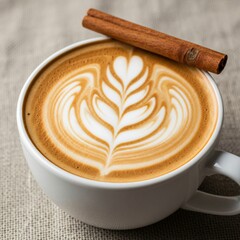 Close-up of a white coffee cup with beautiful latte art and a cinnamon stick on a textured fabric surface.