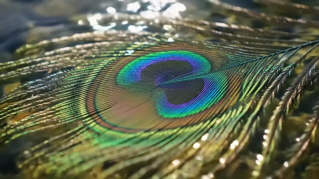 Peacock feather with water, and sunlight.