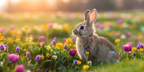 Obraz premium Adorable Bunny Sitting in Flower Field at Sunset