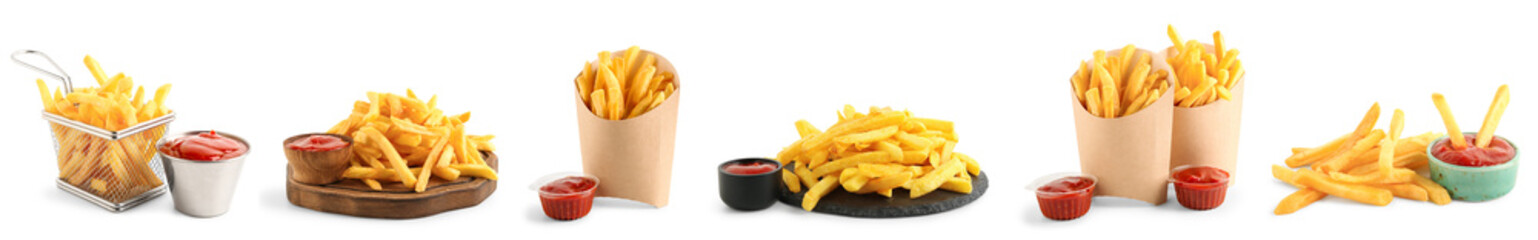 Set of tasty french fries and ketchup on white background