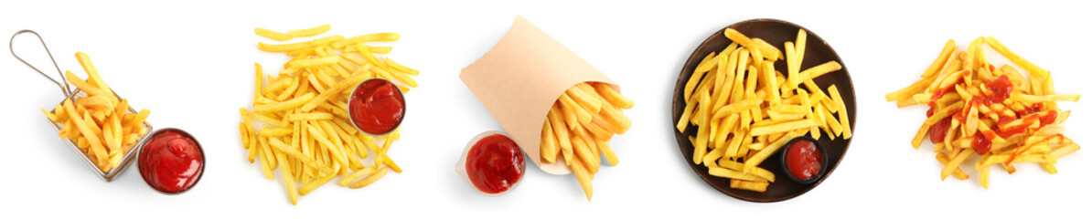 Set of tasty french fries and ketchup on white background, top view