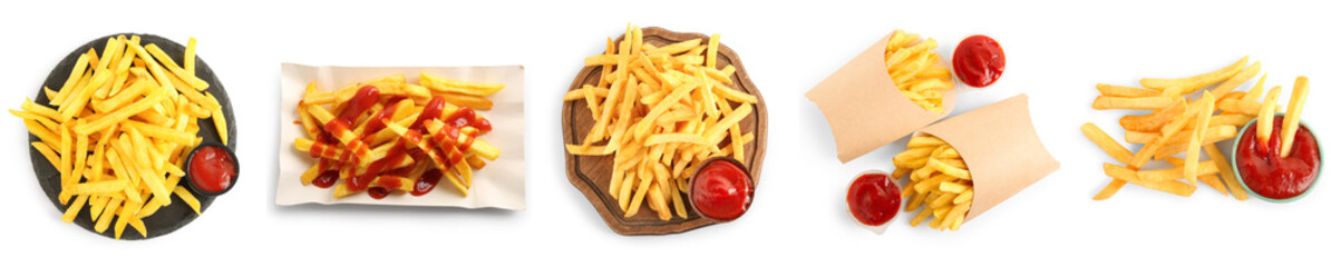Set of tasty french fries and ketchup on white background, top view