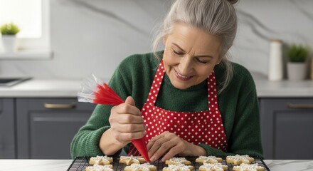 Senior woman happily decorating homemade holiday cookies with white icing in a modern kitchen