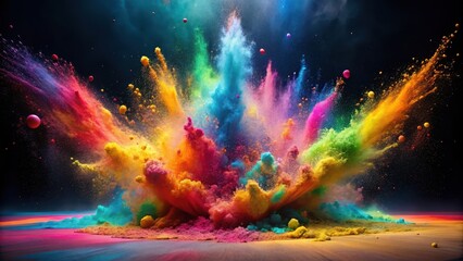 Obraz premium A vibrant explosion of multicolored powder creates a stunning visual spectacle, showcasing a dynamic burst of color and texture against a dark backdrop