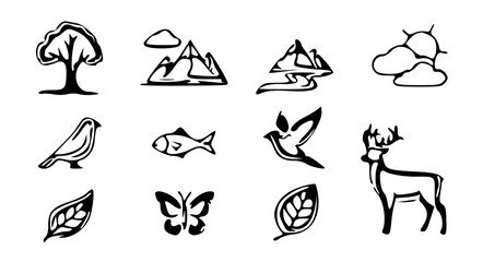 Obraz premium Nature and Wildlife Icon Set-trees, mountains, river, sun, clouds, fish, bird, deer, butterfly, and leaf.