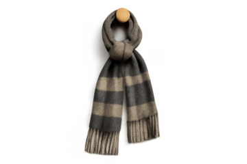 Striped wool winter scarf hanging on wooden hook