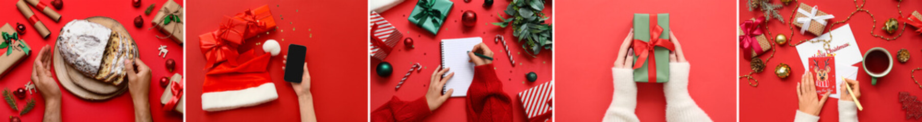Collage of hands with Christmas gifts, greeting card, notebook, mobile phone and stollen on red...