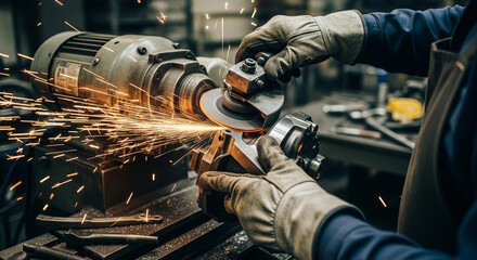 Industrial worker using angle grinder, creating sparks, grinding metal in workshop