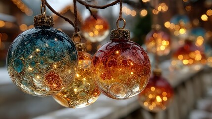 Close-up of decorative Christmas ornaments with shimmering lights and bokeh effect