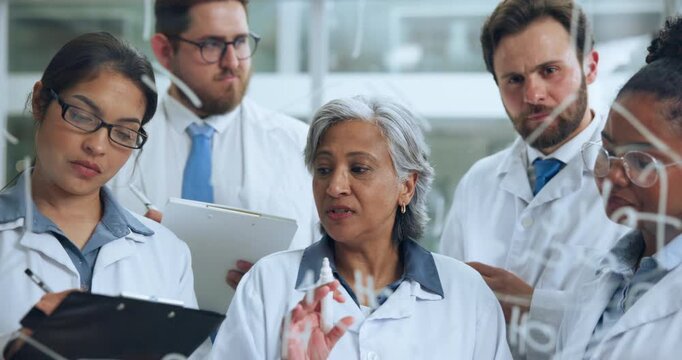 Communication, formula or scientist with glass board in lab, collaboration or solution for medical testing. Teamwork, brainstorming and people with equation for pharmaceutical study, ideas and answer