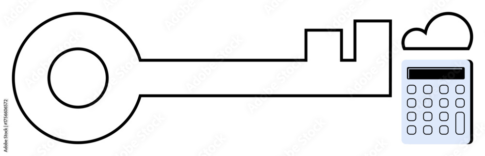 Wall mural key outline connected to a cloud and calculator symbolizes secure access, digital data management, a