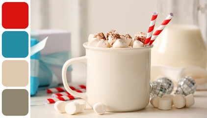Cup of hot cocoa with marshmallows, Christmas balls and gift boxes on white background