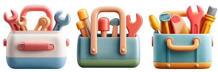 Pastel 3d Rendered Toolboxes Filled with Minimalist Hand Tools