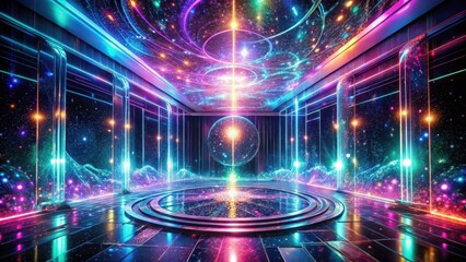 A Futuristic Cosmic Chamber with Vibrant Neon Accents and a Luminous Orb at its Center