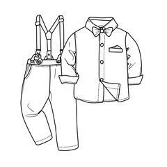 A line drawing of a boys formal outfit including a collared shirt with a bow tie and suspender pants.
