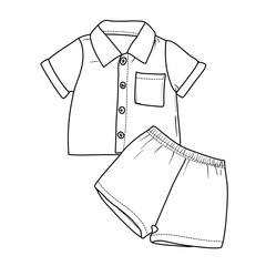A simple black and white line art illustration of a baby boys two-piece summer clothing set, featuring a collared short-sleeved button-up shirt with a pocket and matching elastic-waist shorts