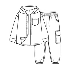 Stylish childrens clothing set featuring a hooded jacket and matching pants line art vector illustration