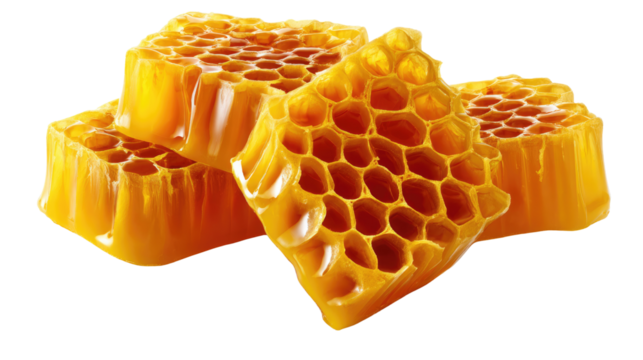 Honeycomb's Golden Embrace: Close-up of golden honeycombs showcasing the intricate hexagonal cells, a testament to nature's artistry and the sweet essence they contain.