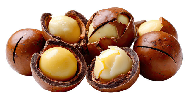 Macadamia Nuts: A collection of rich, creamy macadamia nuts, both shelled and in their hard, protective shells. These nuts offer a delightful taste of nature's bounty.