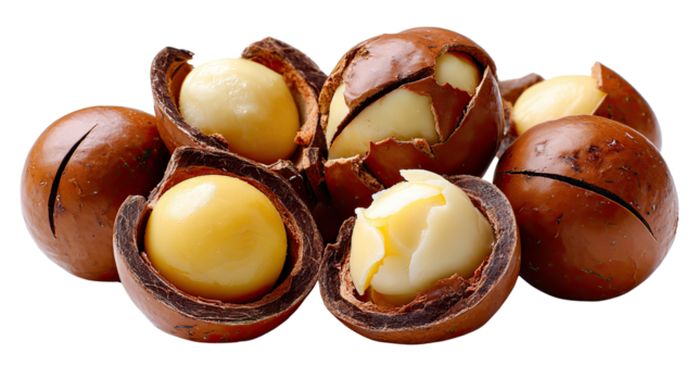 Macadamia Nuts: A collection of rich, creamy macadamia nuts, both shelled and in their hard, protective shells. These nuts offer a delightful taste of nature's bounty.